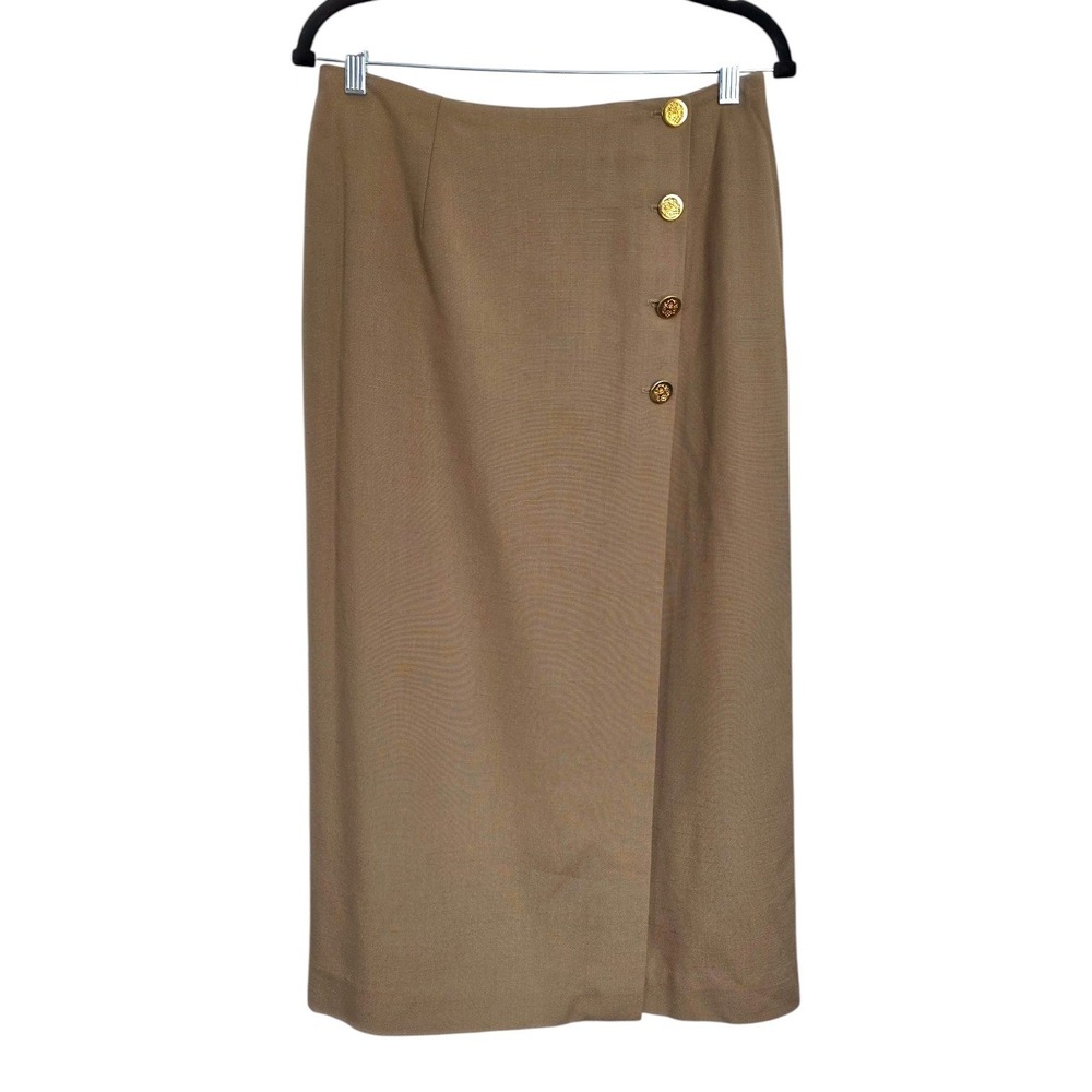 Vintage Christy Hall 30 Waist Tan Asymmetrical Wrap Midi Skirt with Gold Buttons